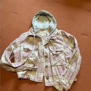 Aeropostale Pink and Tan Plaid Jacket with Gray Hood